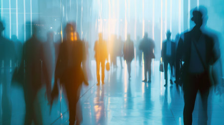 Modern hallway interior with defocused bokeh lights and shiny floor reflectionsの素材