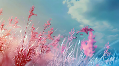 Serene field of pink wildflowers against a sunny skyの素材