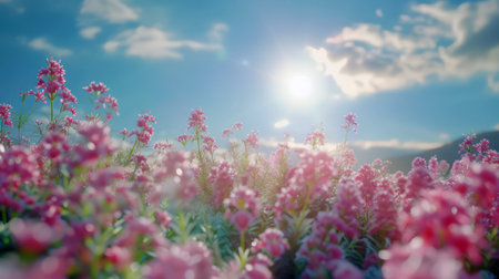Picturesque view of vibrant flower field with sun shining throughの素材