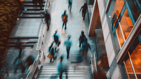 Motion blur of commuters on escalator in modern urban environmentの素材