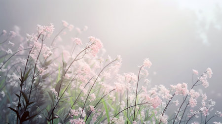 Serene field of pink wildflowers against a sunny skyの素材