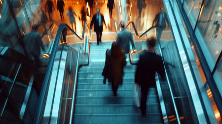 Motion blur of commuters on escalator in modern urban environmentの素材