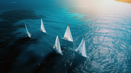 Sailing yachts on blue ocean water in a regatta raceの素材