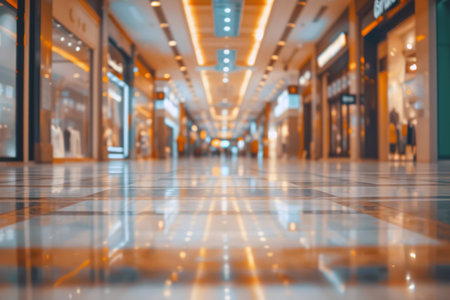 Blurred view of busy mall corridor with shimmering lights and modern architectureの素材
