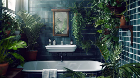Lush green plants in a stylish modern bathroom interior with tropical decorの素材