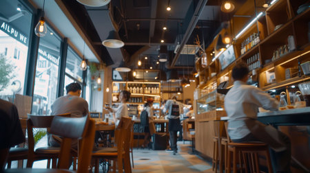 Busy Urban Coffee Shop with Blurred Motion of Customers and Baristaの素材