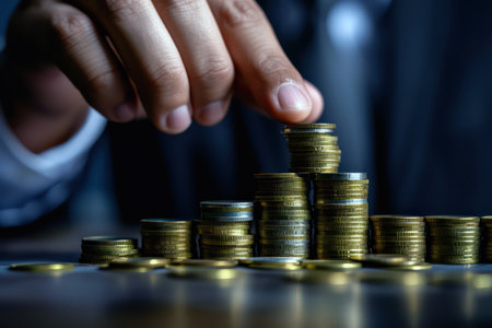 Close-up of hand stacking coins in increasing columns on dark backgroundの素材