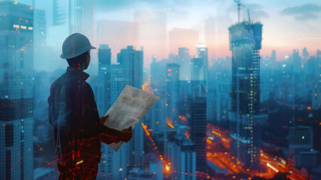 Urban engineer planning construction projects amidst cityscape at duskの素材