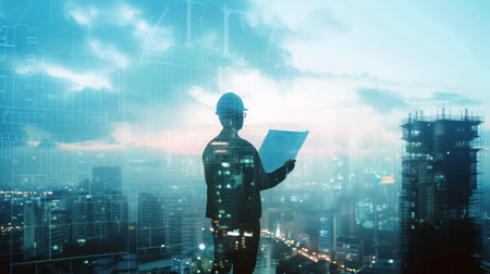 Urban engineer planning construction projects amidst cityscape at duskの素材