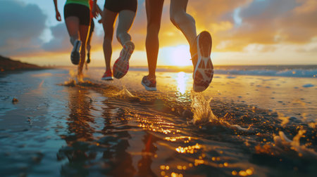 Group of runners exercising on the beach at sunsetの素材