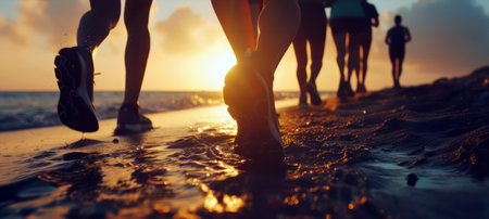 Group of runners exercising on the beach at sunsetの素材