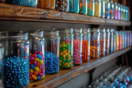 Colorful assortment of sweets in candy shop display jarsの素材