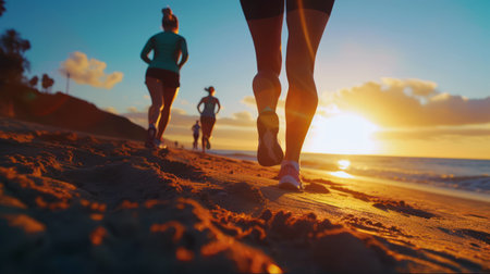Group of runners exercising on the beach at sunsetの素材