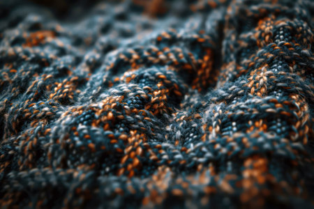 Close-up texture of cozy knit fabric with detailed woolen threadsの素材