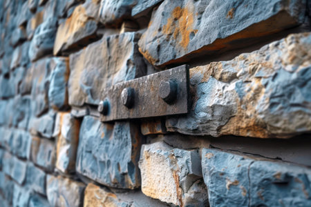 Antique rusty metal latch on stone wall textureの素材