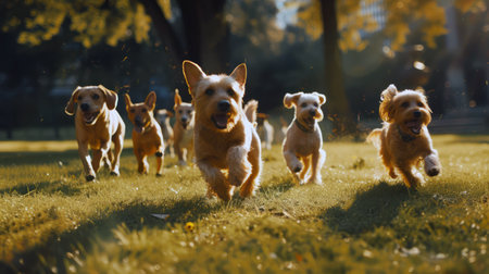 Playful corgis enjoying a fun run in a sunny park settingの素材