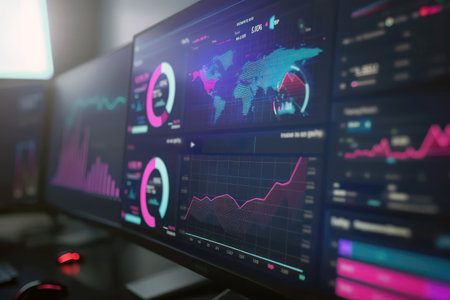 Business financial data analysis with graphs and charts on computer monitorsの素材