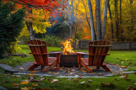 Cozy backyard fire pit surrounded by autumn leaves for a warm outdoor retreatの素材