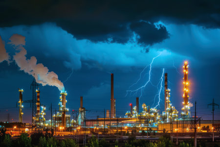 Dramatic industrial skyline under lightning storm at nightの素材