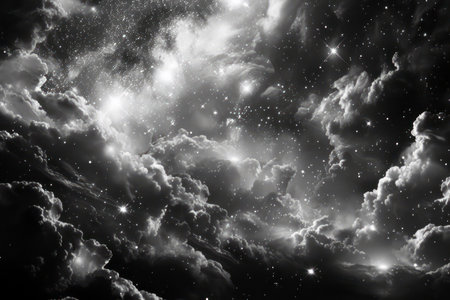 Celestial stars and clouds in ethereal night sky cosmos viewの素材