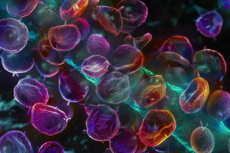 Microscopic view of human blood cells in medical researchの素材