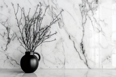 Elegant minimalist black vases with white flowers on marble backgroundの素材