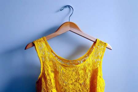 Yellow lace summer dress on hanger against stylish backgroundの素材