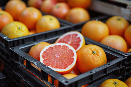 Juicy grapefruits in boxes for healthy citrusの素材