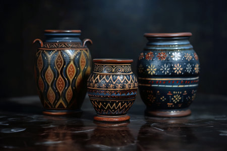 Elegant collection of traditional ornate ceramic vases in artisan craft displayの素材