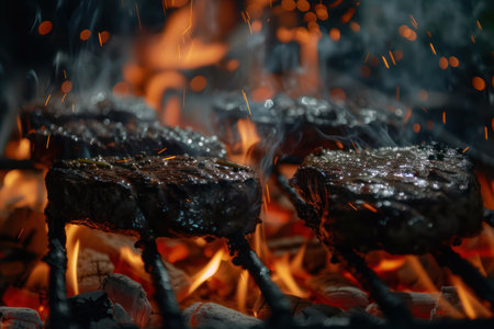 Juicy charred steak cooking on a hot grill with smoke and gourmet BBQ flavorsの素材