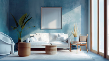 Modern coastal living room with chic wicker furniture and elegant home decorの素材