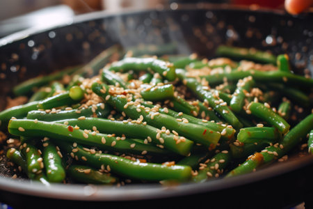 Healthy green beans with sesame seeds and garlic for gourmet cuisineの素材