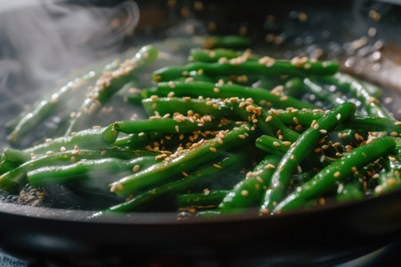 Healthy green beans with sesame seeds and garlic for gourmet cuisineの素材
