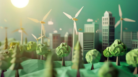 Sustainable eco-friendly urban cityscape with wind turbines and green energyの素材