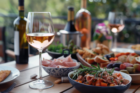 Gourmet Mediterranean feast with wine and fresh antipasto spreadの素材