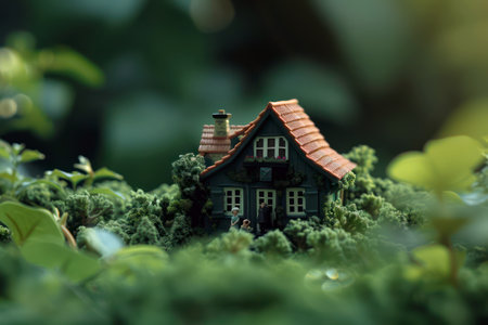 Whimsical miniature house with brown roof nestled in a lush gardenの素材