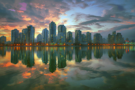 Tranquil cityscape reflection on waterfront at twilightの素材