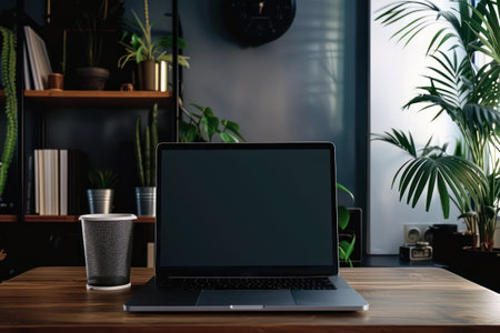 Modern workspace of home office with laptop on table and cozy night atmosphereの素材