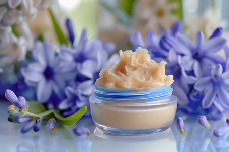 A luxurious hydrating moisturizer in a blue jar with blue flowersの素材