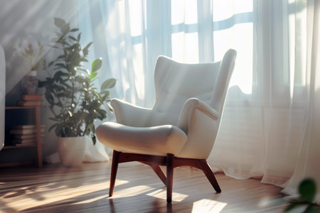 A cozy sunlit room with a comfortable chair and warm morning lightの素材