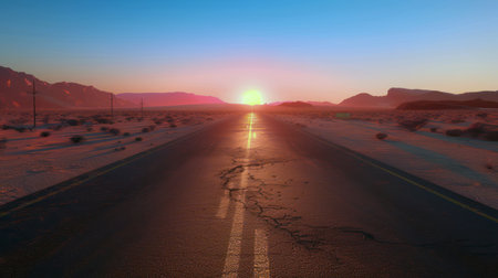 A scenic desert road leading to the horizon at sunsetの素材