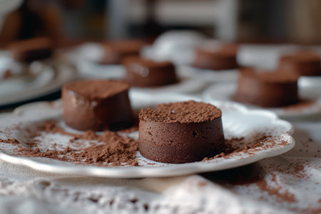Exquisite chocolate lava cakes on a white plateの素材