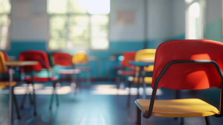 A modern colorful classroom in a school with bright furnitureの素材