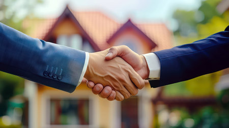 Professional real estate handshake in front of a new homeの素材