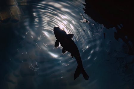 Silhouette of a fish swimming in sunny waterの素材