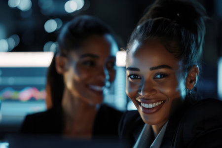 Corporate women smiling in hi-tech officeの素材