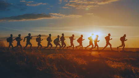 Marathon runners run at sunsetの素材