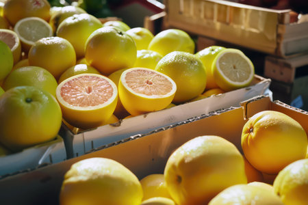 Fresh oranges are displayed in the open marketの素材