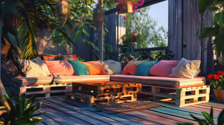 Cozy open courtyard with colorful decorの素材