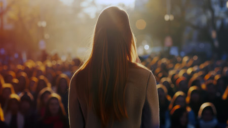 Woman enjoying outdoor music concert with lively crowdの素材